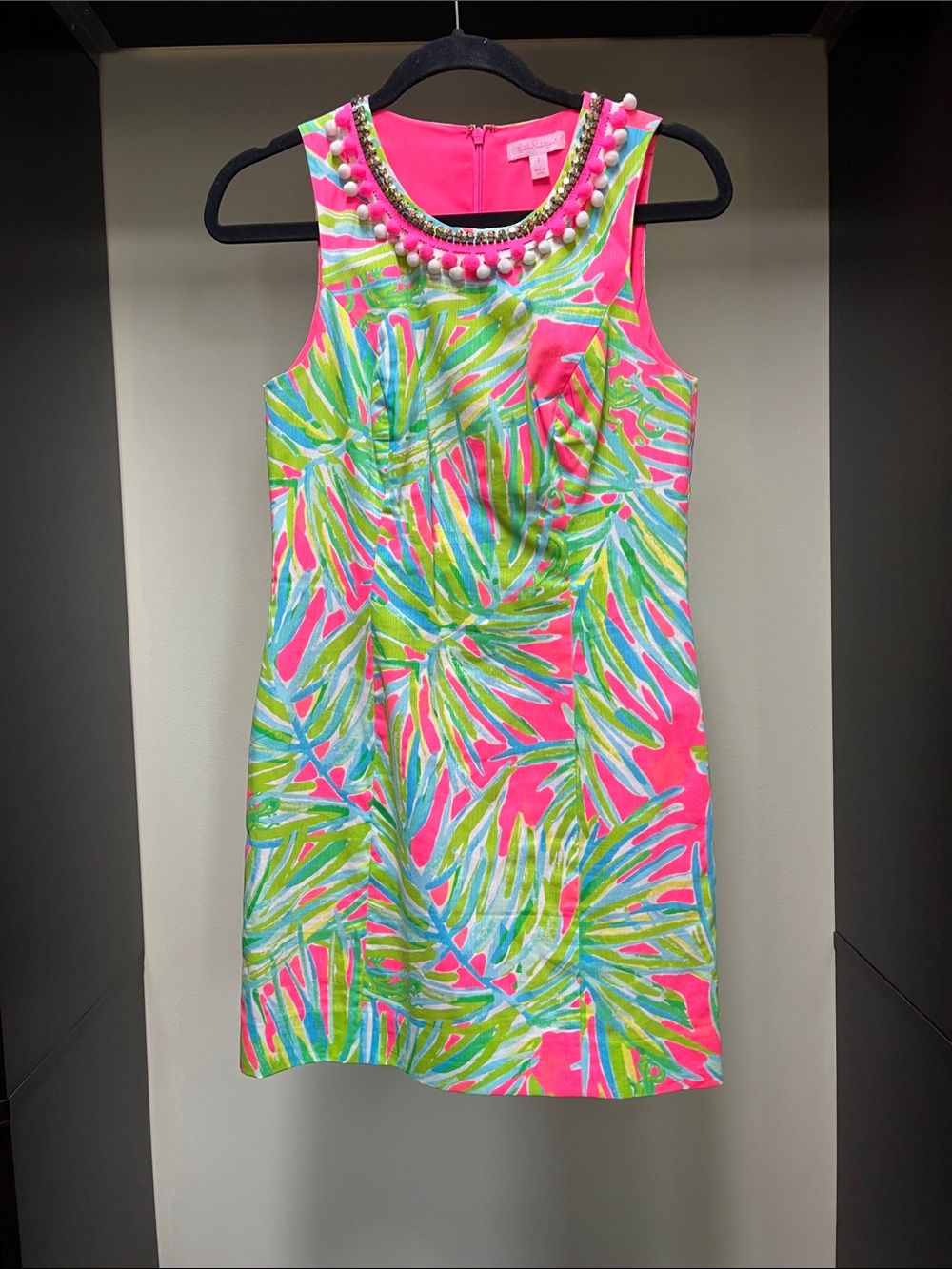 Lilly Pulitzer Neon Pink Tropical Shift Dress with Beaded Neckline